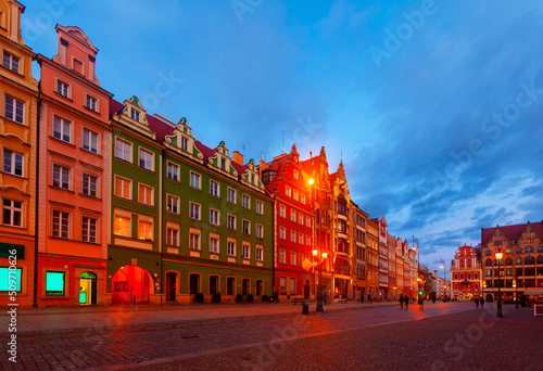 Wroclaw Market Square with picturesque Baroque architecture of townhouses at twilight