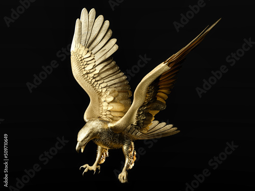 Statue of golden eagle in swooping posture. 3D illustration.
