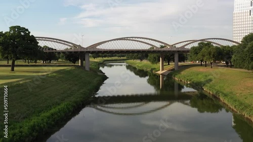 Drone footage of 7th Street Bridge in Fort Worth Texas over Trinity River and skyline photo