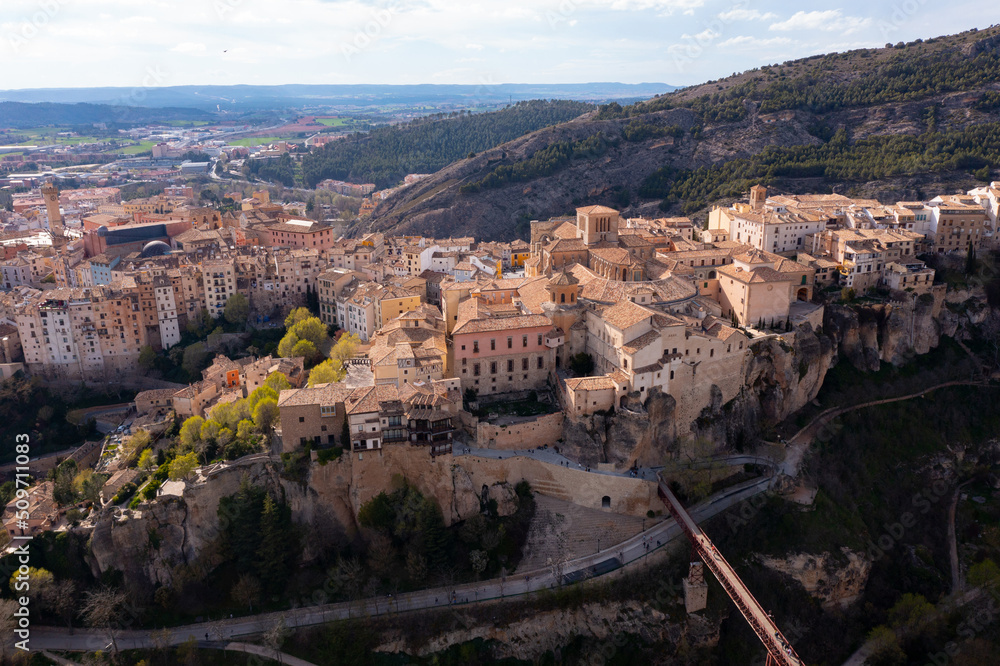 Aerial photo of Cuenca with view of medieval buildings. Castilla-La Mancha, Spain.