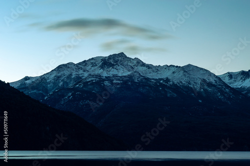 Obraz na płótnie Snowy Andes mountain range hills during a sunrise. Los Alerces National Park w salonie