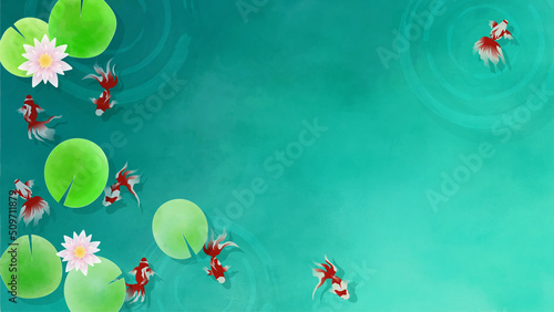 睡蓮の浮かぶ池で泳ぐ複数の赤い金魚