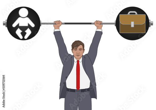 businessman weightlifting, holding up the weight of family and work isolated on white background