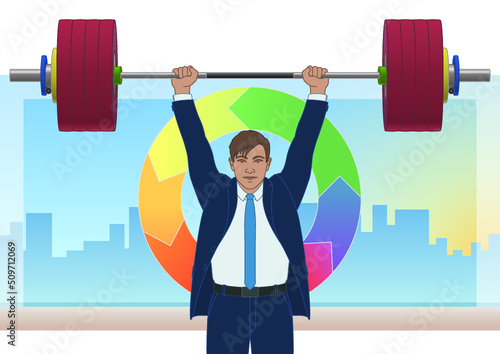 businessman weightlifting, lifting a weighted barbell over the head, with buildings and graph in background