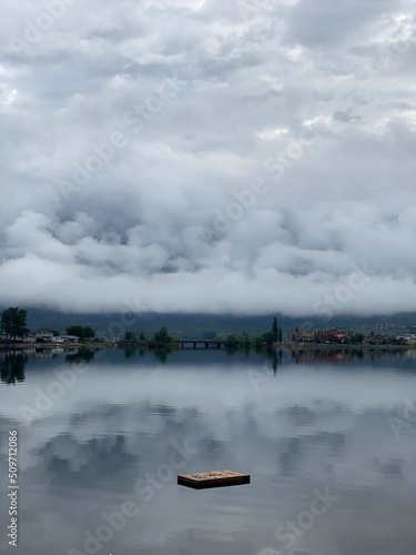 Osoyoos Lake dock, stormy weather & low clouds (portrait)