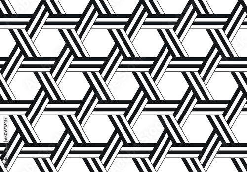 Repeating hexagon pattern surrounded by straight black and white lines weaving over and under each other. Geometric vector illustration