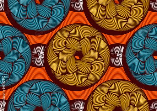 circle africa weave seamless pattern, vibrant colors, textile art, hand-draw line image and background, fashion artwork for Fabric print, clothes, scarf, shawl, carpet, kerchief, handkerchief