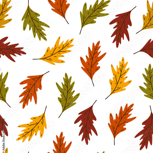 Bright oak leaves seamless vector pattern. Hand drawn veined autumn leaf on a stem.Colorful fall foliage isolated on white background. Flat cartoon backdrop, garden tree leaves. Botanical illustration