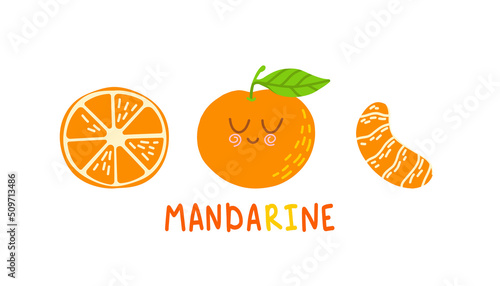 Cheerful cartoon tangerine characters set in flat style. Vector illustration isolated on white background