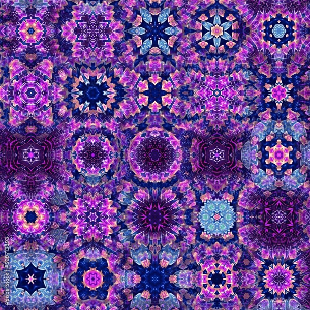 Neon jellyfish color pattern layer texture kaleidoscope geometric design, seamless, wavy and spiral with blooming flower, rainbow colors, vintage and modern concept