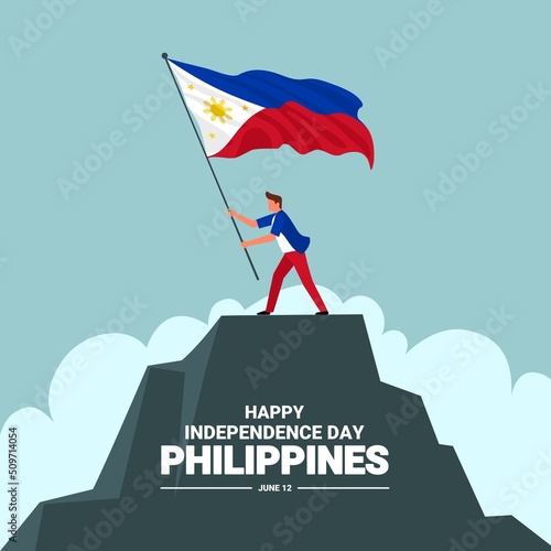 Philippines independence day banner, Young man waving flag on hill, as independence symbol, vector illustration.