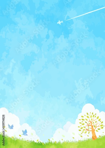 自然豊かな木と空と草原の背景イラスト