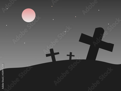 Illustration of an abandoned cemetery at night with full moon.