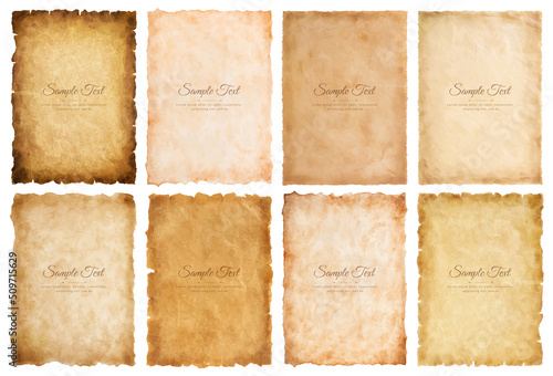 Vector collection set old parchment paper sheet vintage aged or texture isolated on white background
