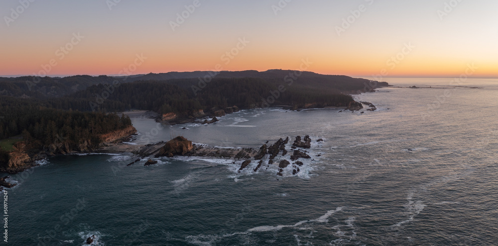Wide high angle drone view of Cape Arago and Sunset Bay Wide high angle drone view of Cape Arago and Sunset Bay