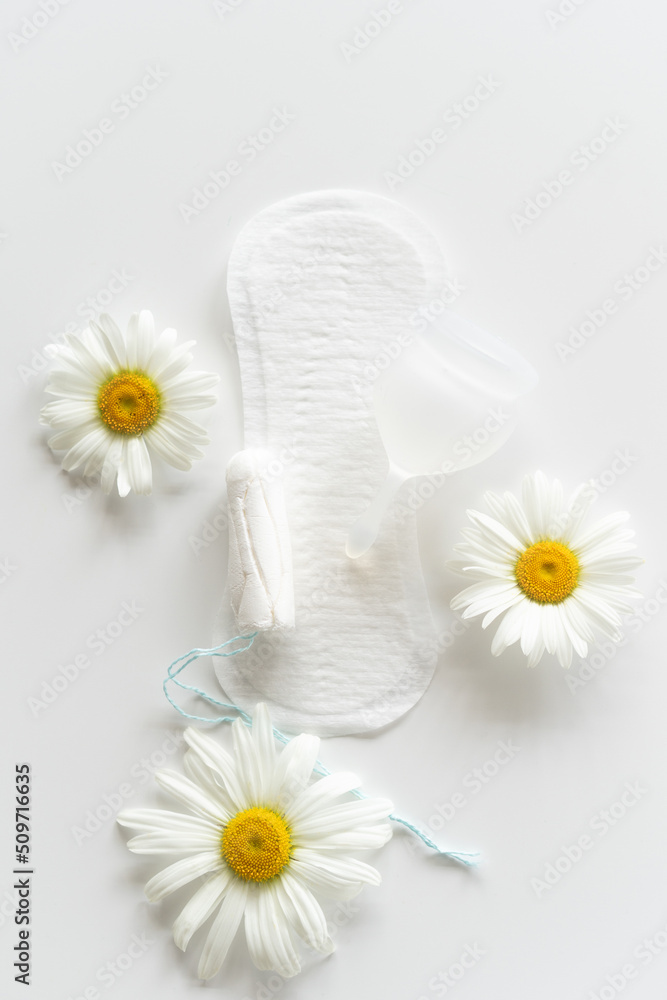 Obraz premium Menstruation period concept. Hygienic white female pad, Menstrual cup and tampon with chamomile flowers. Menstruation, protection. Women's health