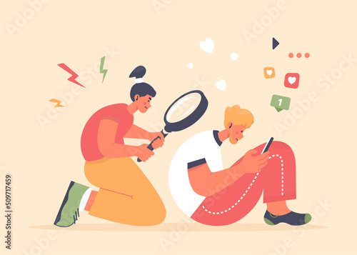 Jealousy. Woman spying with her husband's phone. Suspicious wife trying to read messages on smartphone with magnifier. Infidelity concept.