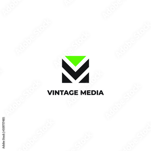 abstract initial letter V and M in black and green color isolated in white background applied for digital advertising company logo also suitable for the brand or company that has initial name VM or MV