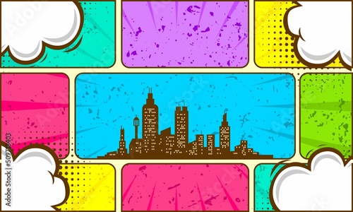 Colorful comic background with city silhouette and cloud