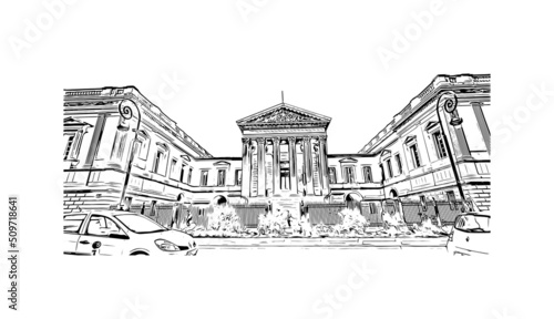 Building view with landmark of Montpellier is the  city in France. Hand drawn sketch illustration in vector.
