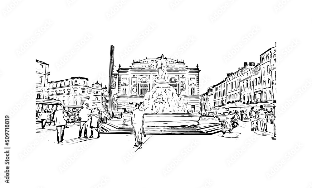 Building view with landmark of Montpellier is the 
city in France. Hand drawn sketch illustration in vector.