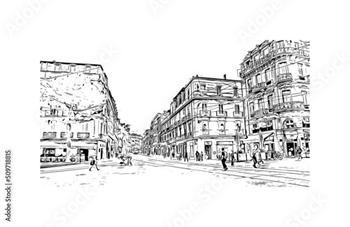 Building view with landmark of Montpellier is the  city in France. Hand drawn sketch illustration in vector.