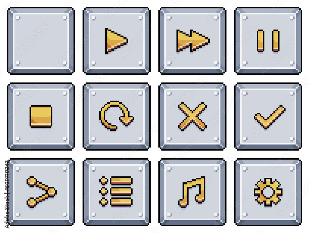 Pixel art metallic style buttons for game and app interface vector icon ...