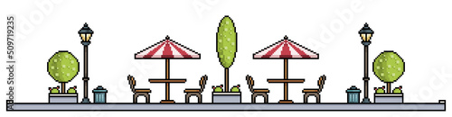Pixel park with tree, flowerbeds, benches, tables, pots and trash can Urban landscape. Cityscape background for 8bit game