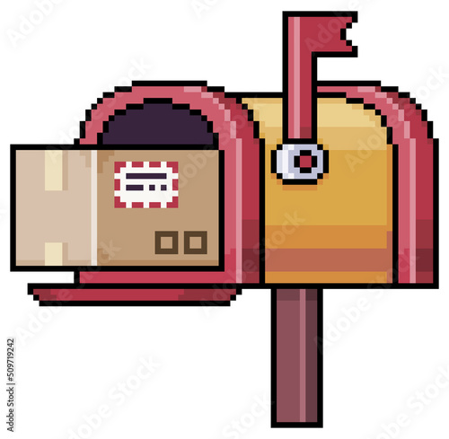 Pixel art red mailbox with parcel in cardboard box vector icon for 8bit game on white background
