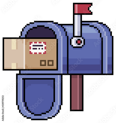 Pixel art blue mailbox with parcel in cardboard box vector icon for 8bit game on white background
