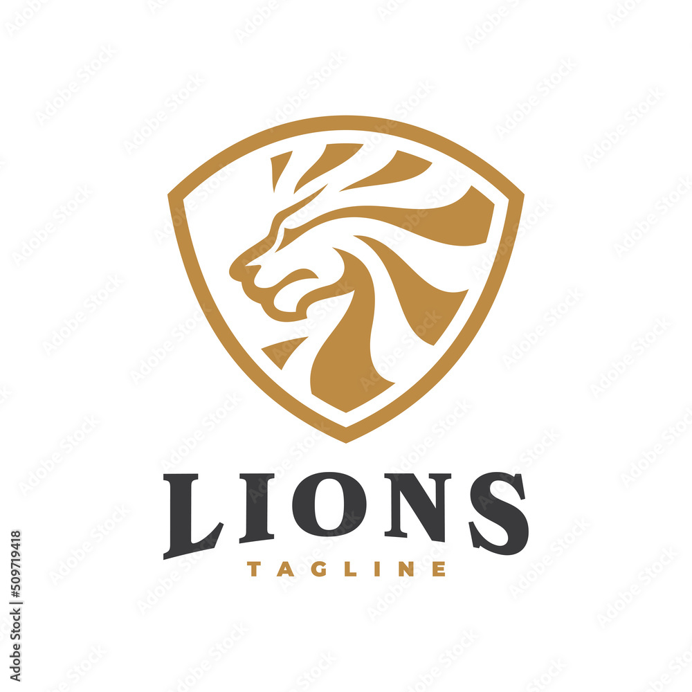 Fototapeta premium Vintage lion head and shield emblem logo design. Lion shield side view vector icon
