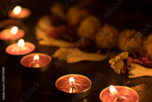 Deepabali , Deepavali or Deepawali - the festival of lights, is widely celebrated in India and now all over the world. Rangoli Diyas - colourful and decorated candles are lit in night. photo