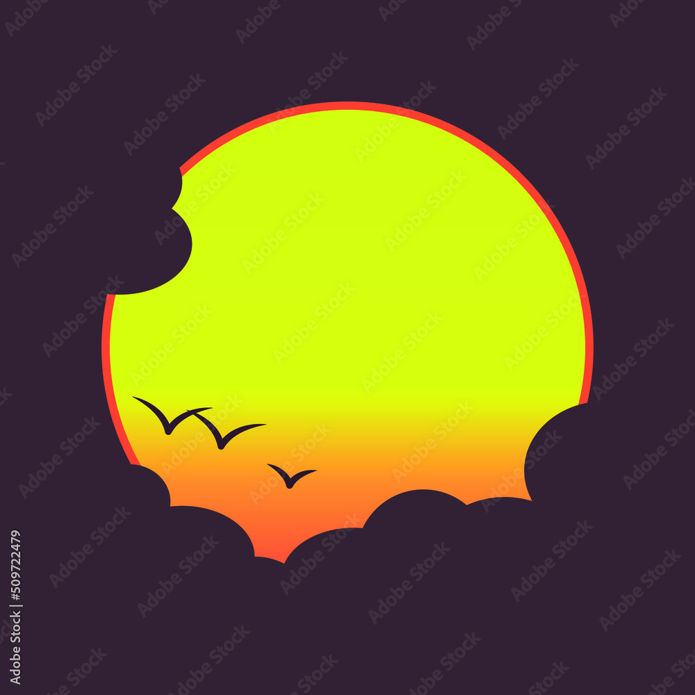 A bright yellow-orange sun at sunset, hidden by dark clouds. Silhouettes of birds flying against the background of the sun, dark clouds.