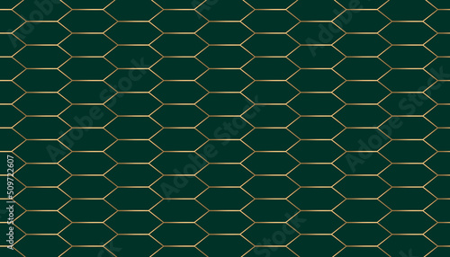 Luxury gold hexagon on green background seamless pattern. Honeycomb concept. Vector illustration.
