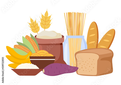 Carbohydrates food concept vector illustration on white background. Bread, rice, corn, spaghetti, noodles and wheat in flat design.