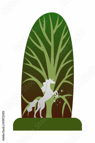 A fabulous unicorn near a tree. Beautiful clipart. Vector illustration. A fairy-tale character. A fantastic animal.