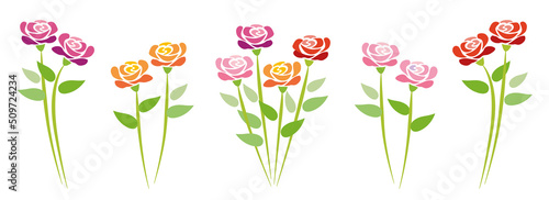 Isolated vector graphic illustration of stylized blooming roses with different colors, red, pink, yellow, purple, single and as a bouquet