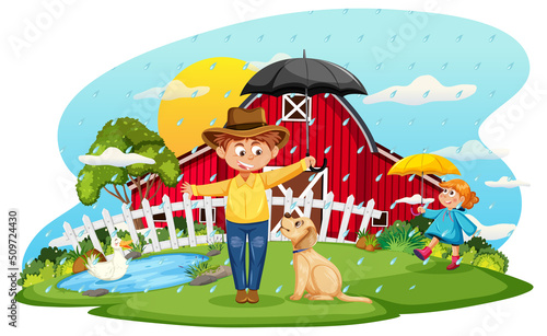 Fototapeta Naklejka Na Ścianę i Meble -  Rainy farm scene with cartoon character