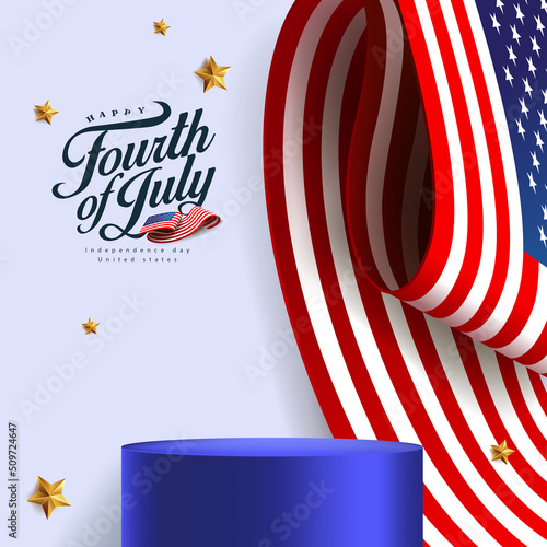 Independence day USA sale banner with product display cylindrical shape and America waving flag