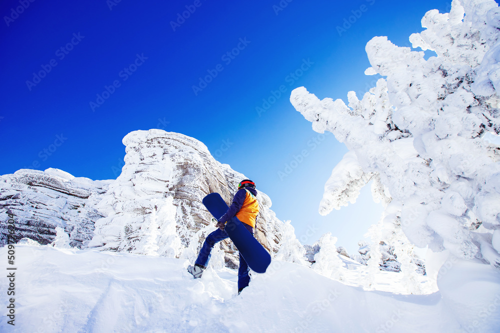 Snowboarder with snowboard background blue sky with sun light frozen rocks, Sheregesh ski resort. Concept extream freeride on fresh snow