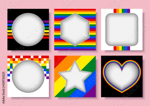 Set of templates frame banners with Rainbow stripes for LGBT Pride Month background. Vector illustration.