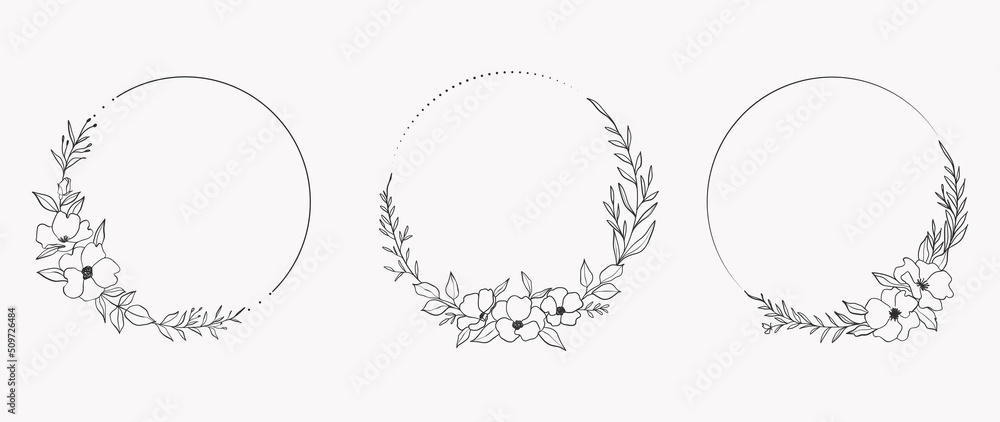 Minimal botanical wedding frame elements on white background. Set of circle shapes, flowers, leaf branches in hand drawn pattern. Foliage line art design for wedding, card, invitation, greeting. - obrazy, fototapety, plakaty 