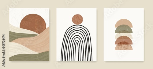 Mid Century Modern Abstract Wall Art Set of 3 Prints with Geometric Shapes, Rainbow, Mountain Landscape. Abstract Boho Wall Art Print. Bohemian Wall Decor. Vector EPS 10