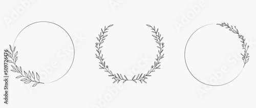 Minimal botanical wedding frame elements on white background. Set of circle shapes, flowers, leaf branches in hand drawn pattern. Foliage line art design for wedding, card, invitation, greeting.