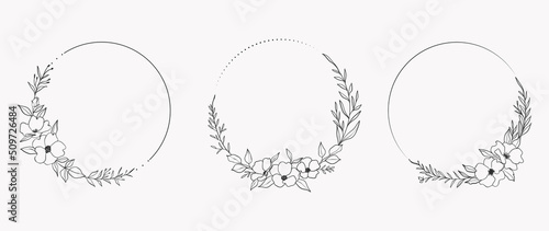 Minimal botanical wedding frame elements on white background. Set of circle shapes, flowers, leaf branches in hand drawn pattern. Foliage line art design for wedding, card, invitation, greeting.