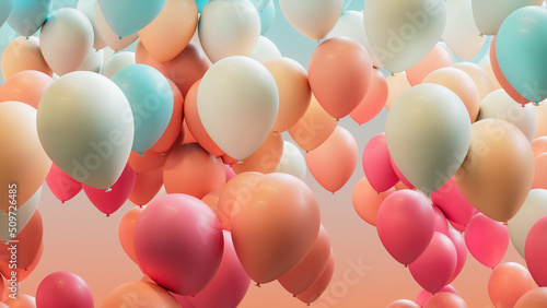 Coral, Orange and Turquoise Balloons Rising in the Air. Modern, Birthday Wallpaper. photo