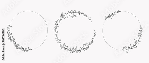 Minimal botanical wedding frame elements on white background. Set of circle shapes, flowers, leaf branches in hand drawn pattern. Foliage line art design for wedding, card, invitation, greeting.