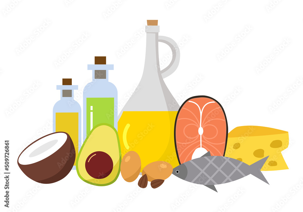 Healthy fats food concept vector illustration. Cheese, oil, fish, avocado, salmon, egg and coconut in flat design on white background. Healthy fats food concept vector illustration. Cheese, oil, fish, avocado, salmon, egg and coconut in flat design on white background.
