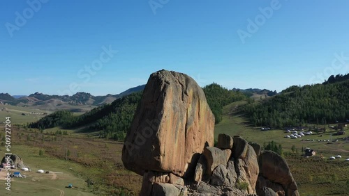 Circular aerial view of the top part of a sacred rock in Mongolia’ Gorkhi-Terelj, also called Turtle Rock. photo