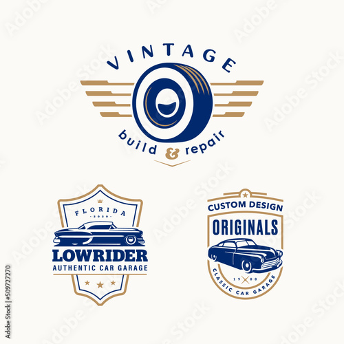 Set of logo templates. Vintage style vector illustration element for retro design label. Suitable for garage, shops, tires, car wash, car restoration, repair and racing.